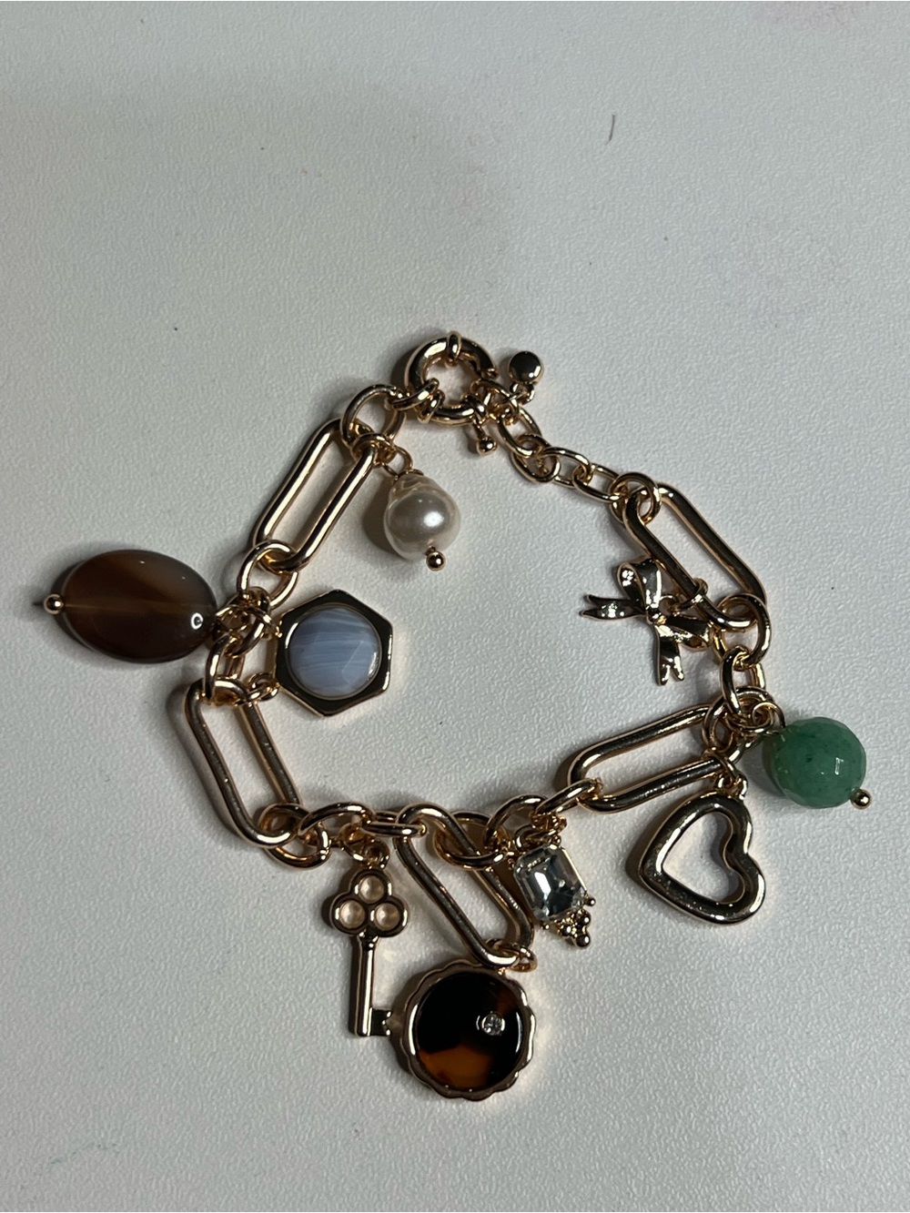 Gold-Tone Multi Charm Bracelet with Pearl and Gemstone Accents